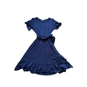 REB in J Navy Blue Ruffle Hem Flutter Sleeve Tie Waist Short Sleeved Midi Dress